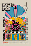 Fototapeta Zachód słońca - Retro vintage styled psychedelic rock music concert or festival or party flyer or poster design template with electric guitar surrounded by mushrooms with sunset on background. Vector illustration