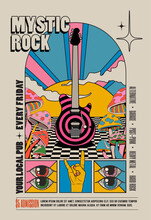 Retro Vintage Styled Psychedelic Rock Music Concert Or Festival Or Party Flyer Or Poster Design Template With Electric Guitar Surrounded By Mushrooms With Sunset On Background. Vector Illustration