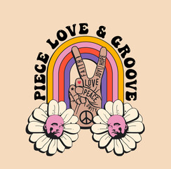 Retro vintage groovy styled poster or t-shirt print design template with peace hand gesture and rainbow and flowers isolated on light background. Vector illustration