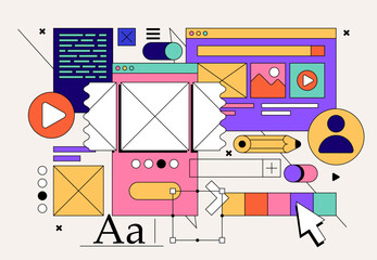 web or app development concept with ui ux elements collage for web banner op poster. vector illustra