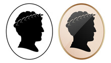 Silhouette Portrait Of Caesar Ruler In Black Oval Frame And Cameo Jewelry, Vector Illustration Isolated On White Background.