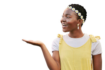 Black woman, open hand and smile by empty mockup for fashion, product or promo by transparent png background. Isolated girl, student and smile with spring aesthetic with flower crown by mock up space
