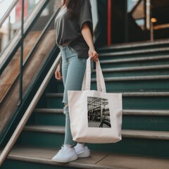 Sticker - A woman carrying a tote bag on a flight of stairs. AI generative image.