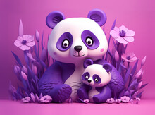 3D Cute Purple Mother Panda With Baby On Purple Background. Generative AI