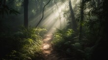 A Trail In The Woods With Sunbeams Shining Through The Trees And Leaves On The Ground, With A Trail In The Middle Of The Woods.  Generative Ai