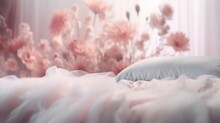  A Bed With A White Comforter And Pink Flowers On The Wall In The Background And A Window With Curtains In The Foreground And A Bed With A White Comforter.  Generative Ai