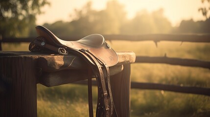  a saddle sits on a wooden fence in a field of grass and trees in the distance, with the sun shining through the trees in the distance.  generative ai