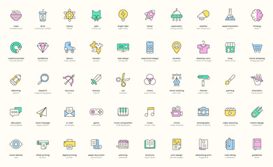 Wall Mural - Creative business icons. Digital work icon set. Creativity and innovation symbols. Flat vector illustrations. Isolated elements. Pictograms for web. Signs collection for content creator.