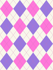 Wall Mural - Purple and pink argyle seamless on white background. Geometric stitched pattern for gift wrapping paper, socks, sweater, jumper, other trendy spring summer textile or paper print.