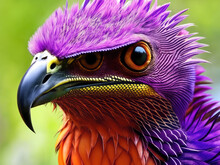 Mystical Bird Of Prey With Beautiful Purple Feathers, Exuding An Otherworldly Aura. Its Piercing Eyes And Sharp Beak Add To Its Fierce And Captivating Presence. Generative AI