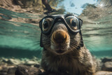 Photo of Squirrel scubadiving wearing mask. Animal influencer.