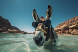 Photo of baby donkey scubadiving wearing mask. Animal influencer.