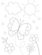 © BaMic illustrations - easy coloring page with garden flowers and a big butterfly. you can print it on 8.5x11 inch paper