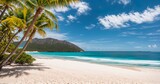 Fototapeta Sypialnia - Azure beach with white sand turquoise water and palm trees banner Generative AI