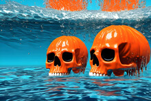 Two Orange Skulls In Blue Water. Halloween Holiday. Skull Ocean. Generative AI