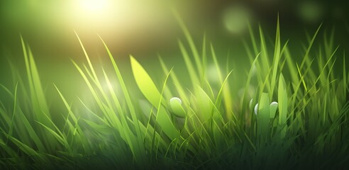 Wall Mural - green grass with a bright sun represent spring and dawn in nature and serve as a beautiful backdrop.