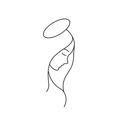 Wall Mural - Vector isolated one single holy woman girl with halo side view  head portrait profile colorless black and white contour line easy drawing