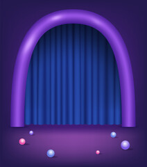 Wall Mural - Abstract room with purple arch shape, blue curtain and balls