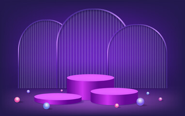 Wall Mural - Abstract room with purple pedestal podium, arch shape and balls