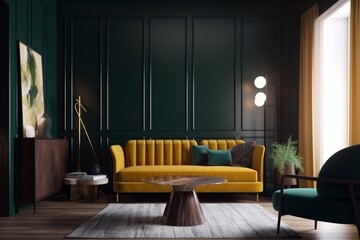 interior lounge empty couch apartment lamp sofa style green luxury room. Generative AI.