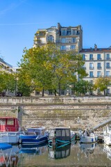 Poster - Paris, Bastille, harbor with houseboats