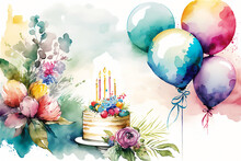 Happy Birthday Holiday Celebration Concept. Greeting Birthday Party, Decoration Invitation Card. Watercolor Illustration, Generated AI.