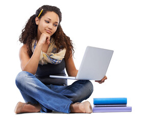 Student, laptop and woman using the internet for research and thinking isolated in a transparent png background. University, education and female person learning or reading college online notes