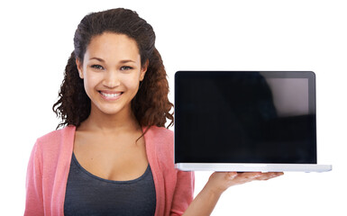 Laptop screen, space and woman portrait isolated on transparent, png background of university, website mockup. Happy, biracial person or student on computer mock up, college application or promotion
