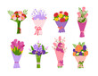 © Natalia - Flat floral bouquet set. Gift with flower blossom, bunch of plants and blooming leaves, garden decor with botanical leaf. Pink and red tulips and roses. Isolated vector utter illustration