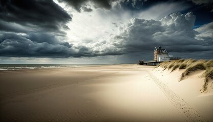 Wall Mural - Wonderful photograph of a sandy beach in Vlissingen, Zeeland, the Netherlands, taken against a gloomy sky. Generative AI