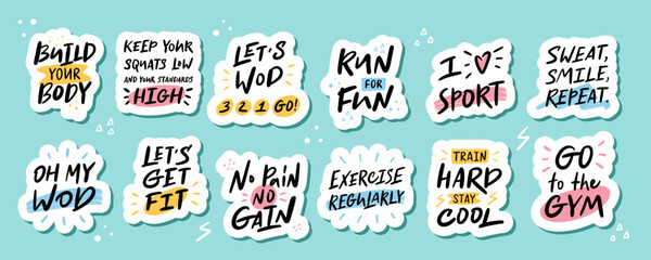 Set of stickers about sport. Vector modern calligraphy artwork. Concept for runner, fitness trainer, gym ad, bodybuilders, healthy life. Graphic for social media, business card, tee print.