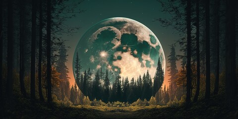 Wall Mural - Gorgeous nighttime view of the moon rising over a lush woodland. Generative AI