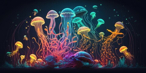 Wall Mural - amazing and out-of-this-world sight of a medusa jellyfish glowing in the glow of a neon light, surro