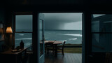 Fototapeta Natura - a_view_from_inside_a_house_looking_out_the_window_the_sea_created in an AI