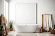 Boho style bathroom with a blank canvas. Mockup/copyspace for product/design placement created using generative AI tools