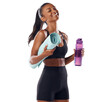 © Heyt/peopleimages.com - Happy woman in portrait, laughing with yoga mat and water bottle with fitness isolated on transparent, png background. Exercise, pilates and health, hydration with Indian female yogi with happiness