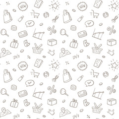 Seamless pattern online shopping. Thin line icons on white background. Sale on the internet. Discounts. Hand drawing illustrations.