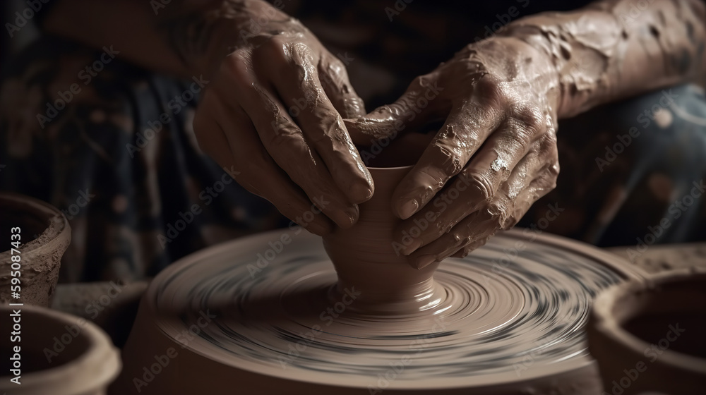 Ilustração Close-up of a potter's hands shaping clay on a pottery wheel ...