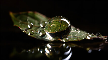 A macro shot of a droplet of water on a leaf with reflections of nature in the background on World Environment Day. Illustrating the beauty and intricacy of the natural world, and the importance of wa