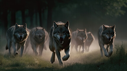 spirit animals wolf pack running in the woods - by generative ai