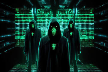 Wall Mural - A group of hooded men, hackers, evil digital AI standing in front of a green screen. AI generative.