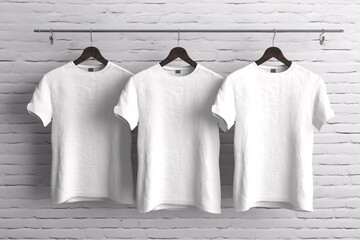 Wall Mural - Blank White T-Shirts Mock-up hanging on white wall, front view. Template for custom design. Generative ai.