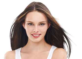 Wall Mural - Hair care, face smile and beauty of woman isolated on a transparent png background. Portrait, hairstyle and natural cosmetics of female model with salon treatment for balayage, growth and texture.