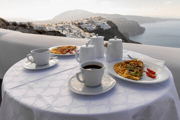 Breakfast on a table in Santorini