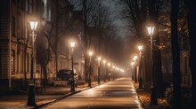 A Street With A Row Of Street Lights