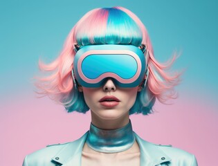 Wall Mural - Fashion woman wearing vr glasses with blue and pink hair