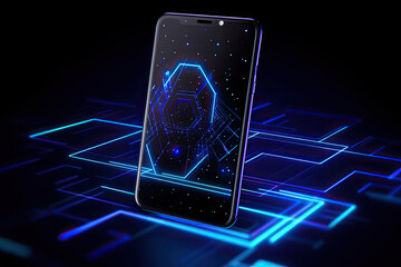 Wall Mural - Smartphone on technology background. Neon glowing mobile phone on abstract dark background. Futuristic network connection. Created with Generative AI