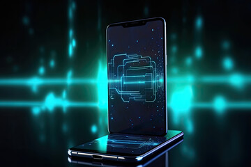 Wall Mural - Smartphone on technology background. Neon glowing mobile phone on abstract dark background. Futuristic network connection. Created with Generative AI
