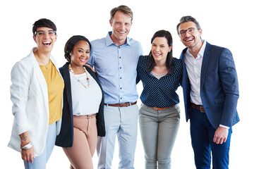Aufkleber - Smile, hug and portrait of business people on png for diversity, community and support. Corporate, teamwork and collaboration with employees isolated on transparent background for solidarity