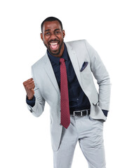 Celebration, cheering and portrait of business man with fist of winner, deal and bonus. Success, freedom and victory of happy black male worker excited while isolated on a transparent png background